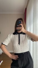 Beyaz Ajurlu Yaka Detaylı Bluz