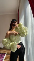 Çizgili Neon Yeşil Balon Kol Bustiyer