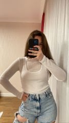 Askılı Bluz Detaylı Beyaz Fitilli Bluz