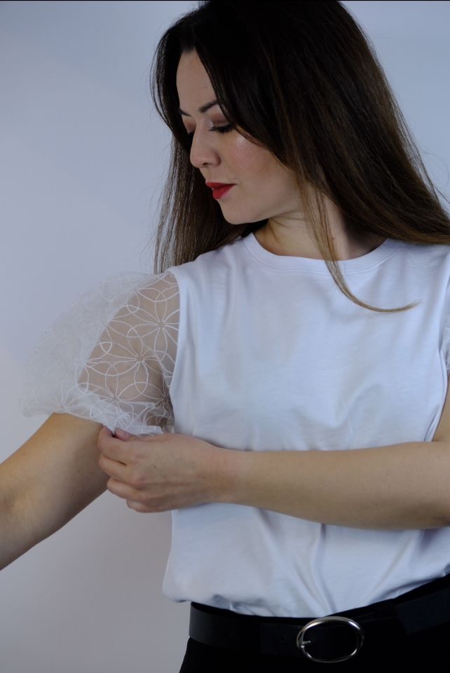 Tül Prenses Kol Beyaz Tshirt