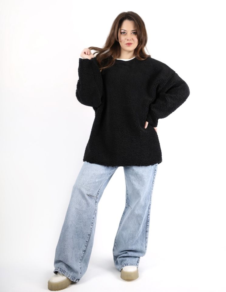 Siyah Peluş Oversize Sweatshirt