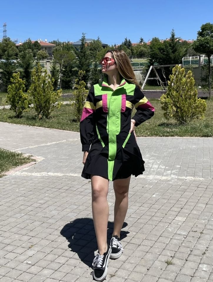 Renkli Şeritli Poplin Kumaş Elbise