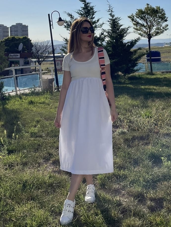 Kırık Beyaz Fitilli Üst Belden Poplin Kumaş Beyaz Etek Elbise