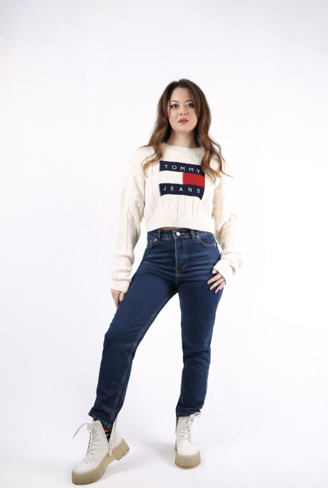 Tommy Baskılı Ekru Crop Triko