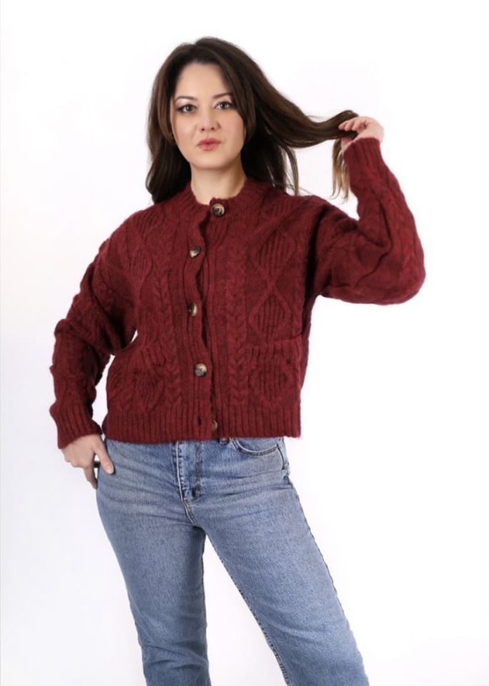 Bordo Düğmeli Hırka